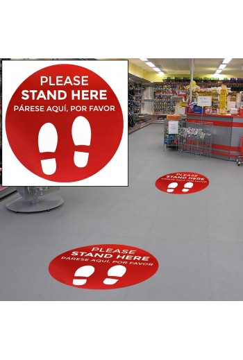 12" Circle "Please Stand Here" English & Spanish Vinyl Floor Sticker on floor